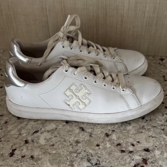 Tory Burch Shoes - Tory Burch White Leather Sneakers with Gold Metallic Heel Accent